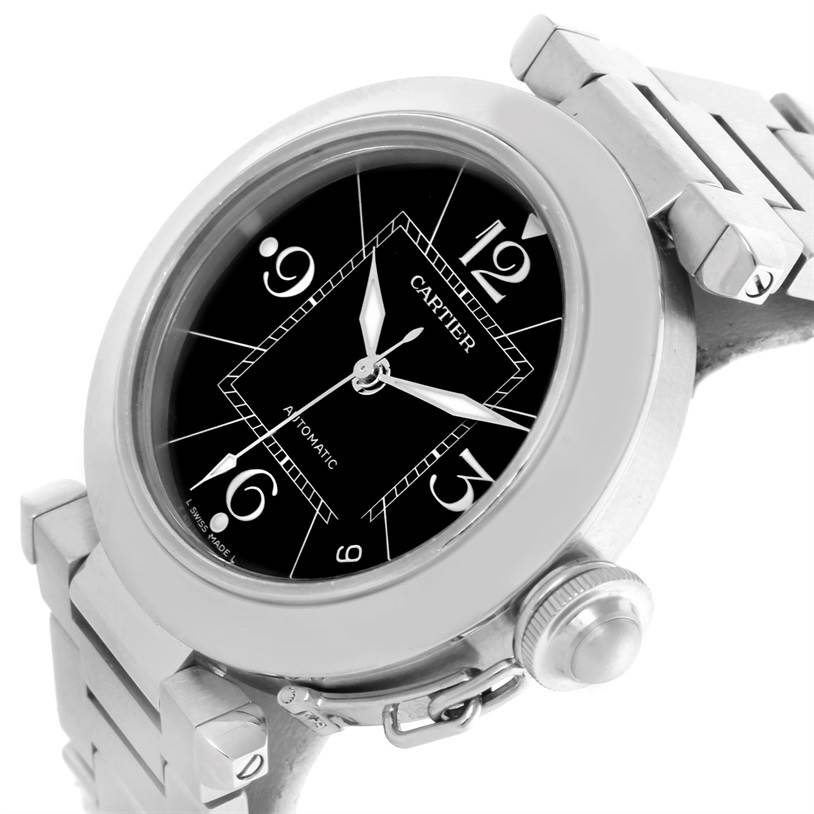 The image shows a silver Cartier Pasha W31076M7 Stainless Steel Black Dial W31076M7 Stainless Steel Black Dial watch at an angled close-up, highlighting its face, bezel, lugs, and crown.