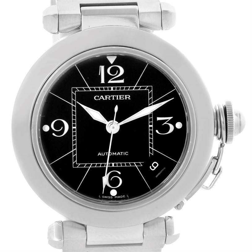 This image shows a front view of a Cartier Pasha W31076M7 Stainless Steel Black Dial W31076M7 Stainless Steel Black Dial model watch, highlighting its face, bezel, and part of the bracelet.