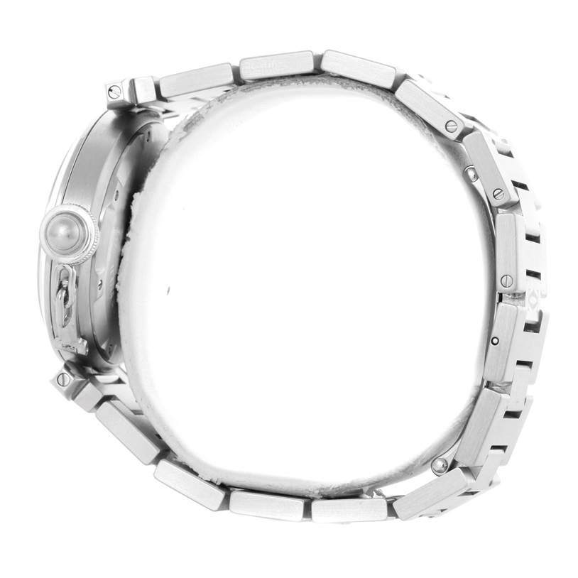 The image shows a side view of the Cartier Pasha W31076M7 Stainless Steel Black Dial W31076M7 Stainless Steel Black Dial watch, highlighting its bracelet and crown.