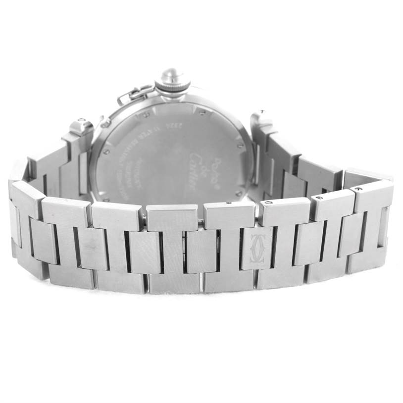 This image shows the back view of a Cartier Pasha W31076M7 Stainless Steel Black Dial W31076M7 Stainless Steel Black Dial model watch, focusing on its metal bracelet and case back.