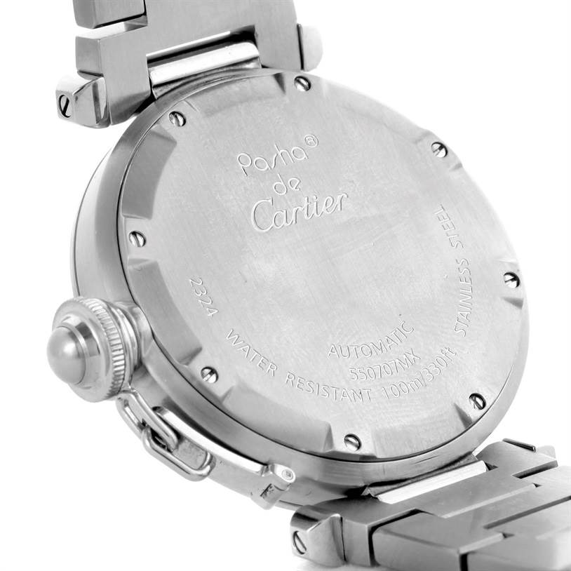 The image shows the back case and part of the bracelet of a Cartier Pasha W31076M7 Stainless Steel Black Dial W31076M7 Stainless Steel Black Dial watch from an angled rear view.