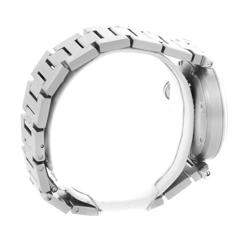 This image shows the side view of a Cartier Pasha W31076M7 Stainless Steel Black Dial W31076M7 Stainless Steel Black Dial watch, highlighting the band and case.