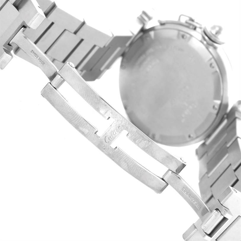 This image shows the clasp and back of a Cartier Pasha W31076M7 Stainless Steel Black Dial W31076M7 Stainless Steel Black Dial watch at an angle that highlights the bracelet and its engravings.