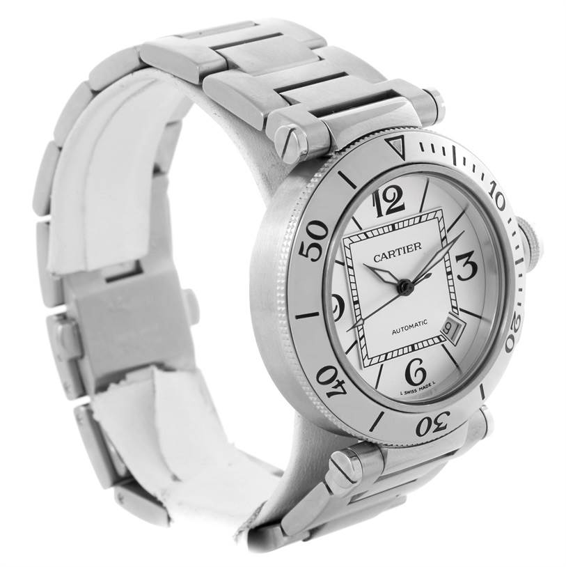 This image shows a side-angle view of the face, bezel, and bracelet of a Cartier Pasha W31080M7 Men's Stainless Steel Silver Dial W31080M7 Men's Stainless Steel Silver Dial watch.