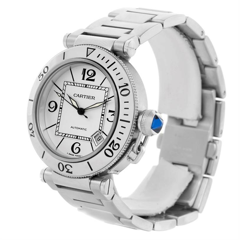 The image shows a front angle view of the Cartier Pasha W31080M7 Men's Stainless Steel Silver Dial W31080M7 Men's Stainless Steel Silver Dial watch, highlighting the face, bezel, crown, and metal bracelet.