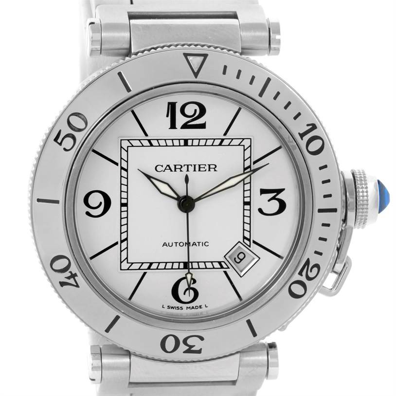 The image shows a front view of a Cartier Pasha W31080M7 Men's Stainless Steel Silver Dial W31080M7 Men's Stainless Steel Silver Dial watch, highlighting the dial, numbers, crown, and bezel.