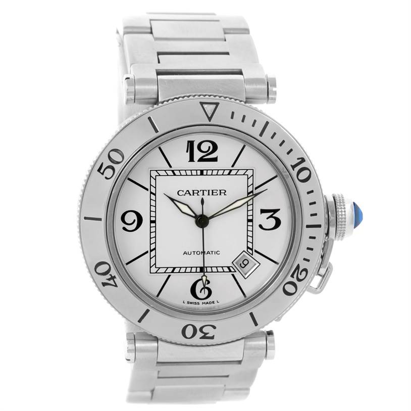 The Cartier Pasha W31080M7 Men's Stainless Steel Silver Dial W31080M7 Men's Stainless Steel Silver Dial watch is shown from the front, displaying the dial, bezel, and part of the metal bracelet.