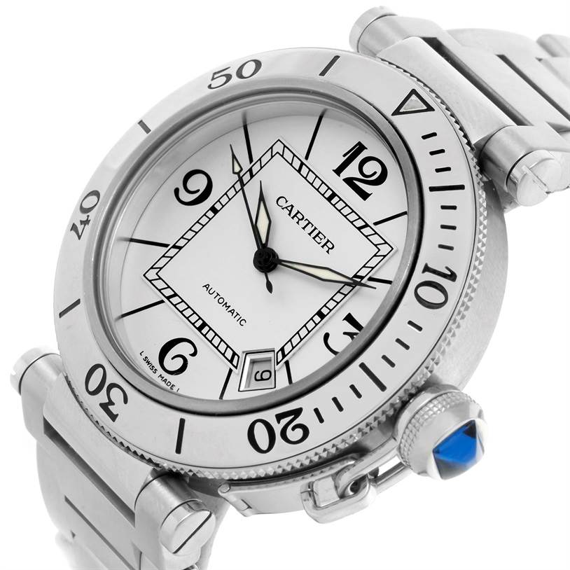 The Cartier Pasha W31080M7 Men's Stainless Steel Silver Dial W31080M7 Men's Stainless Steel Silver Dial watch is shown at an angle highlighting its face, bezel, crown, and part of the bracelet.