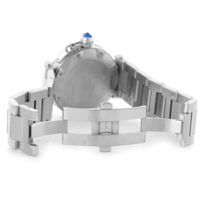 The image shows the back view of the Cartier Pasha W31080M7 Men's Stainless Steel Silver Dial W31080M7 Men's Stainless Steel Silver Dial watch, featuring its clasp and part of the band.