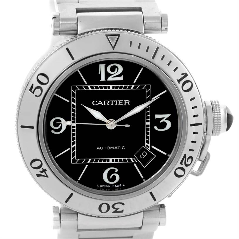 The image shows a front view of the Cartier Pasha W31077M7 Men
s Stainless Steel Black Dial W31077M7 Men
s Stainless Steel Black Dial model watch, displaying its face, bezel, crown, and part of the bracelet.