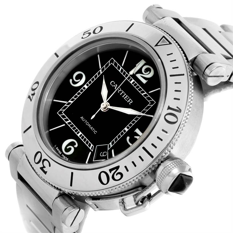 The Cartier Pasha W31077M7 Men
s Stainless Steel Black Dial W31077M7 Men
s Stainless Steel Black Dial watch is shown from a front angle, displaying its dial, bezel, and part of the bracelet with the crown guard visible.