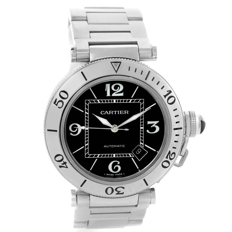 The image shows a front view of the Cartier Pasha W31077M7 Men
s Stainless Steel Black Dial W31077M7 Men
s Stainless Steel Black Dial watch, highlighting the dial, bezel, and bracelet.