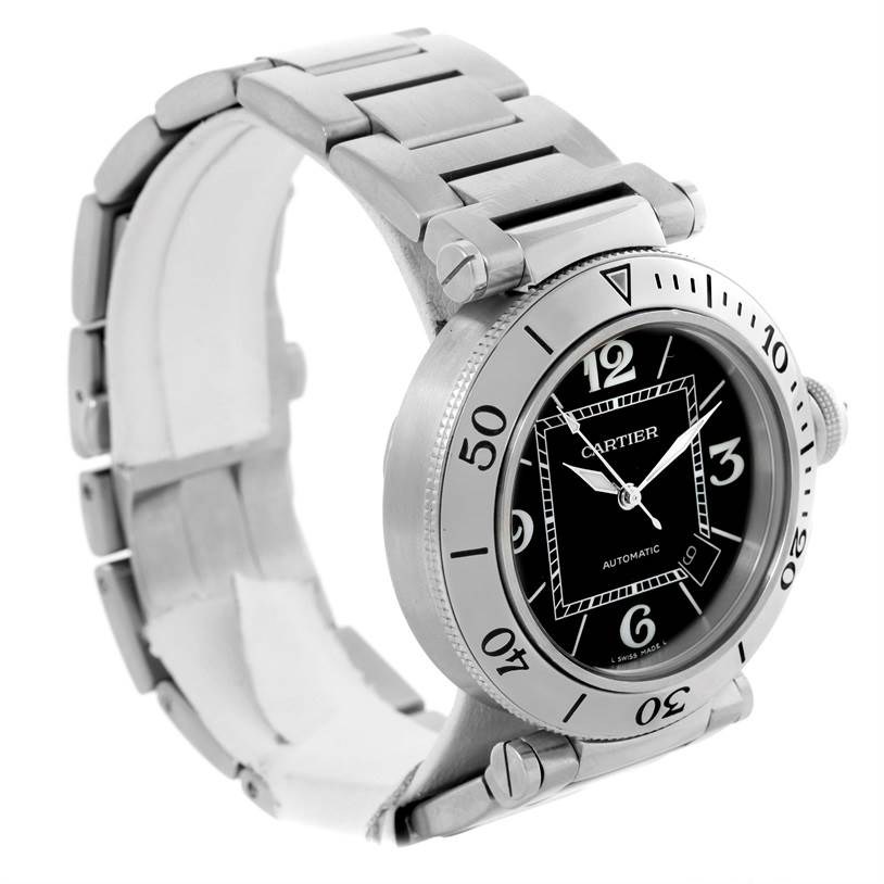 The Cartier Pasha W31077M7 Men
s Stainless Steel Black Dial W31077M7 Men
s Stainless Steel Black Dial watch is shown at a front angle, displaying the dial, bezel, crown, case, and bracelet.