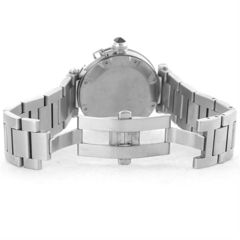 The image shows the back view and partially open clasp of a Cartier Pasha W31077M7 Men
s Stainless Steel Black Dial W31077M7 Men
s Stainless Steel Black Dial watch.