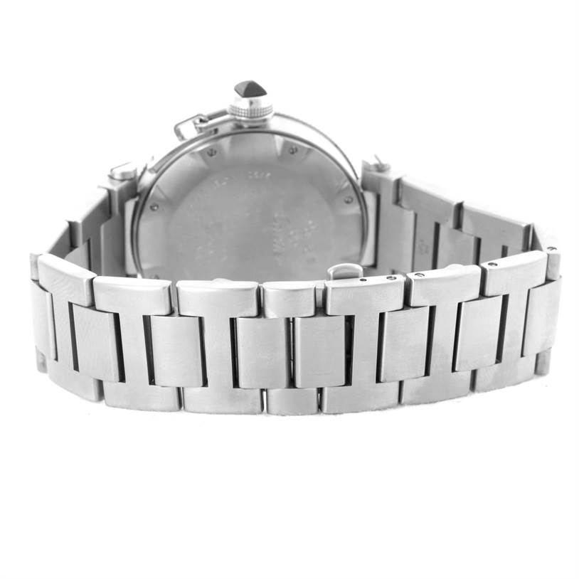 The image shows the back and bracelet of a Cartier Pasha W31077M7 Men
s Stainless Steel Black Dial W31077M7 Men
s Stainless Steel Black Dial watch from a rear angle.