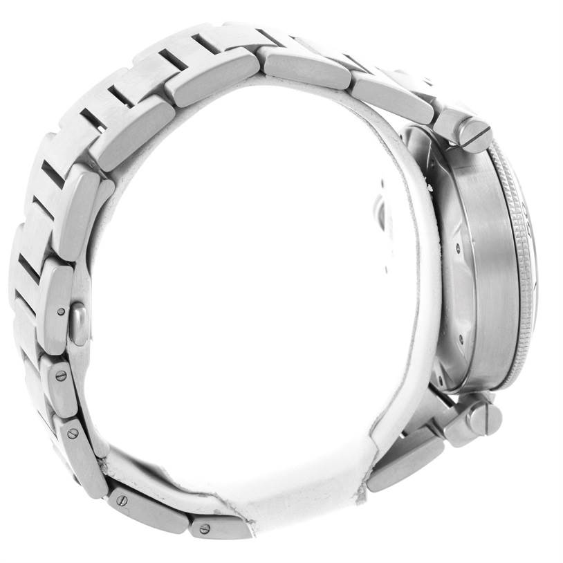 This image shows a side view of the stainless steel bracelet and case of the Cartier Pasha W31077M7 Men
s Stainless Steel Black Dial W31077M7 Men
s Stainless Steel Black Dial watch.