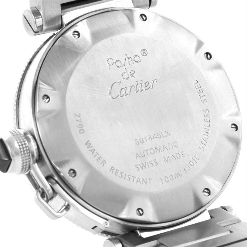 The image shows the back casing of a Cartier Pasha W31077M7 Men
s Stainless Steel Black Dial W31077M7 Men
s Stainless Steel Black Dial watch, highlighting details like water resistance, material, and model name.