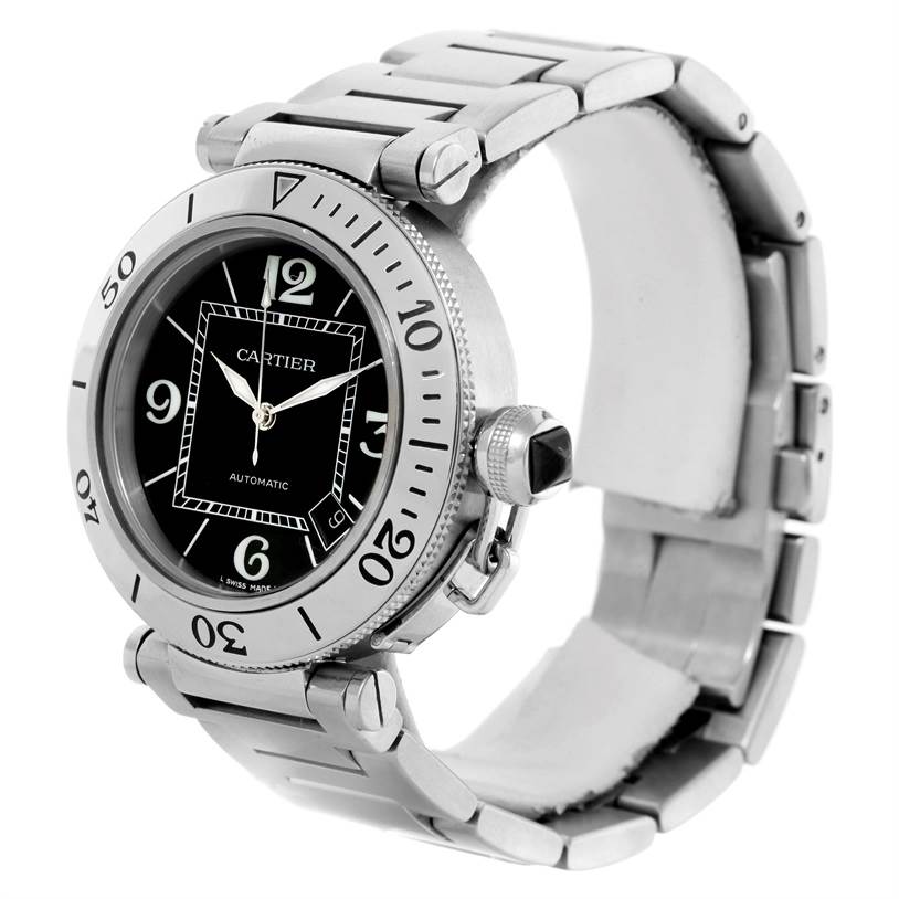 This image shows a Cartier Pasha W31077M7 Men
s Stainless Steel Black Dial W31077M7 Men
s Stainless Steel Black Dial watch from a three-quarter angle, displaying the black dial, bezel, crown, and stainless steel bracelet.