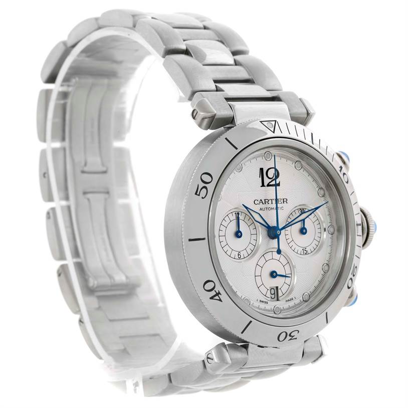 This image shows a Cartier Pasha W31030H3 Men's Stainless Steel Silver Dial W31030H3 Men's Stainless Steel Silver Dial watch, angled to display its face, steel bracelet, and side profile with crown and chronograph buttons.