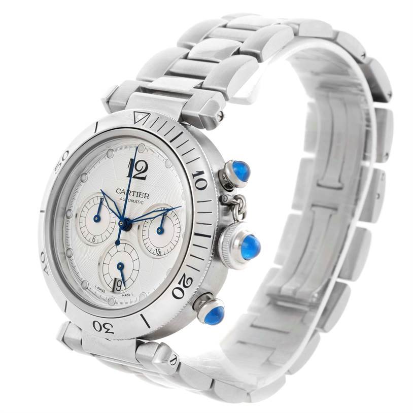 The image shows a side and partial front view of the Cartier Pasha W31030H3 Men's Stainless Steel Silver Dial W31030H3 Men's Stainless Steel Silver Dial watch, highlighting its bracelet and crown.