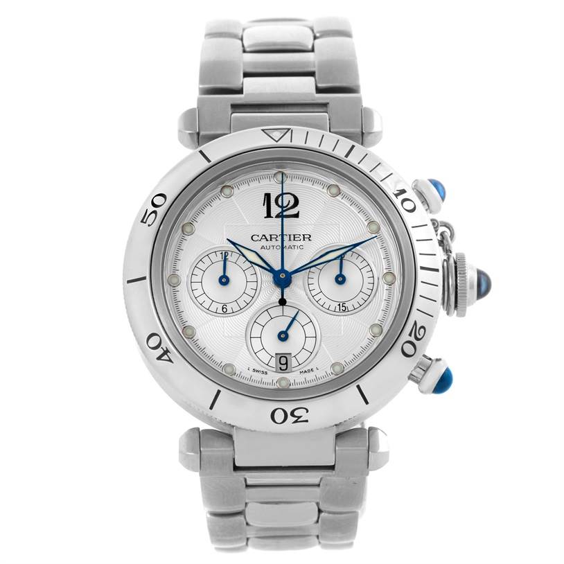 This image shows a frontal view of a Cartier Pasha W31030H3 Men's Stainless Steel Silver Dial W31030H3 Men's Stainless Steel Silver Dial model watch, displaying the face, bezel, and bracelet.