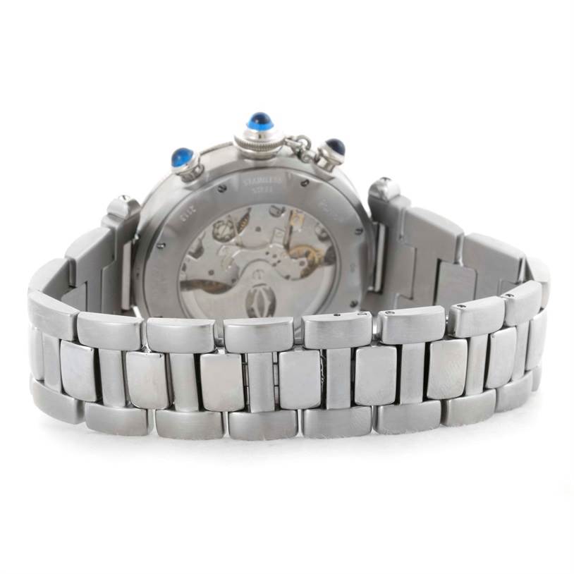 The image shows the back view of a Cartier Pasha W31030H3 Men's Stainless Steel Silver Dial W31030H3 Men's Stainless Steel Silver Dial watch, highlighting its stainless steel bracelet and case back.