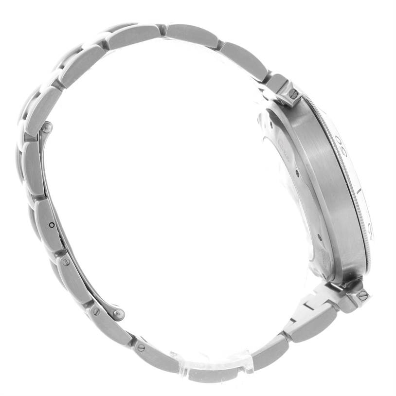 This image shows a side angle view of a Cartier Pasha W31030H3 Men's Stainless Steel Silver Dial W31030H3 Men's Stainless Steel Silver Dial watch, focusing on the band and the side of the watch case.