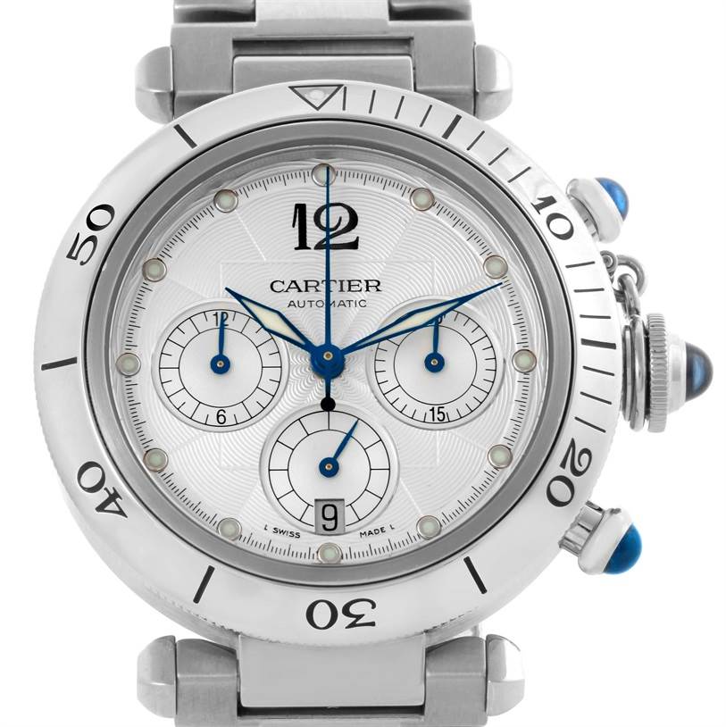 The image shows a frontal view of a Cartier Pasha W31030H3 Men's Stainless Steel Silver Dial W31030H3 Men's Stainless Steel Silver Dial watch, displaying its face, dial, hands, and part of its bracelet.