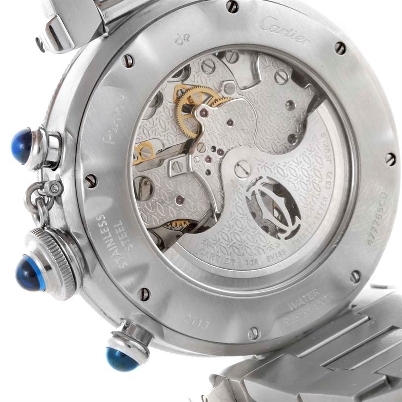 This image shows the back view of the Cartier Pasha W31030H3 Men's Stainless Steel Silver Dial W31030H3 Men's Stainless Steel Silver Dial model watch, highlighting its mechanical movement and case.