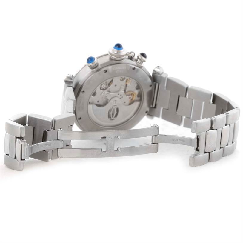 The image shows the back view of a Cartier Pasha W31030H3 Men's Stainless Steel Silver Dial W31030H3 Men's Stainless Steel Silver Dial watch, highlighting its open clasp and partially visible movement.