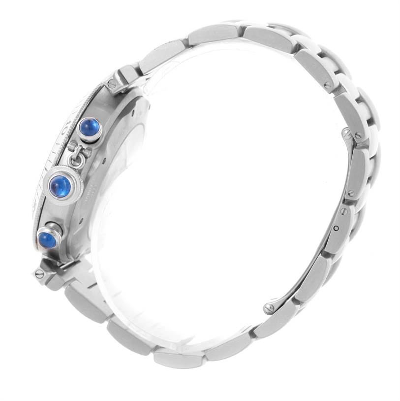 The image shows a side view of the Cartier Pasha W31030H3 Men's Stainless Steel Silver Dial W31030H3 Men's Stainless Steel Silver Dial model watch, highlighting the crown and bracelet.