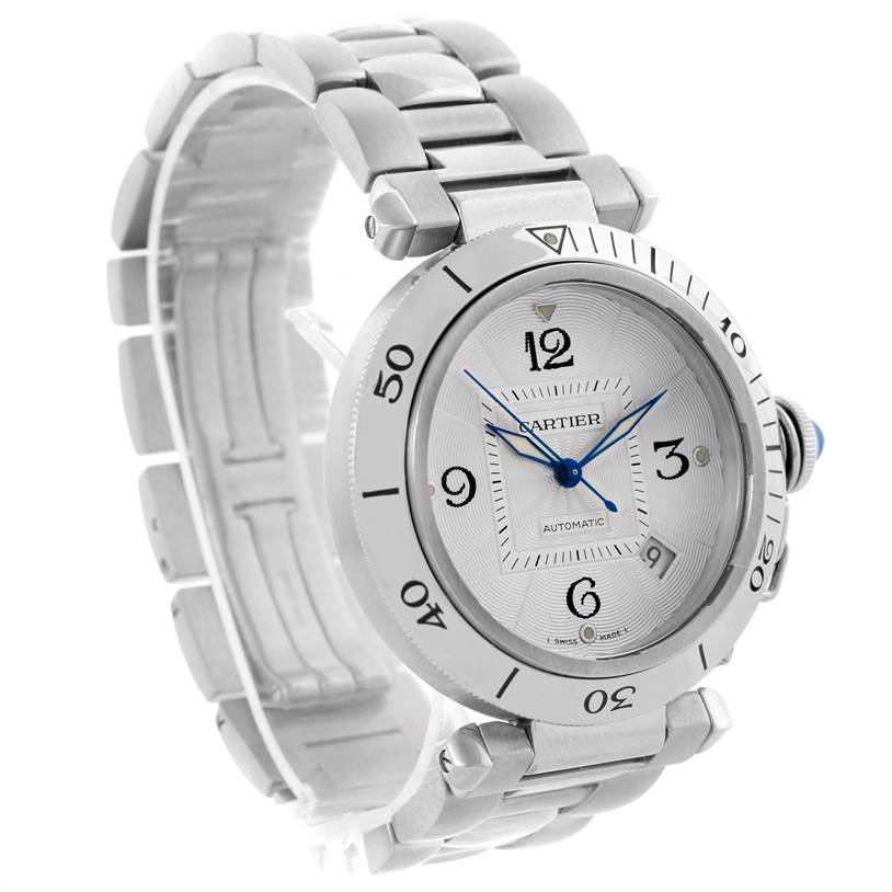 The image shows a Cartier Pasha W3103155 Men
s Stainless Steel Silver Dial W3103155 Men
s Stainless Steel Silver Dial watch at a three-quarter angle, highlighting its face, bezel, and metal bracelet.