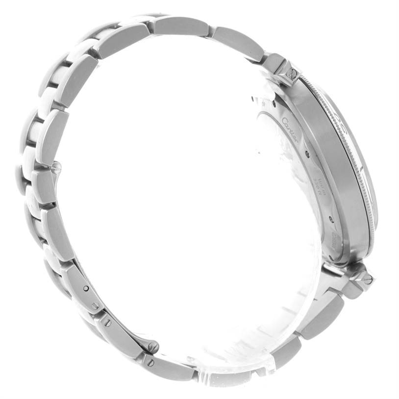 This image shows a side view of the Cartier Pasha W3103155 Men
s Stainless Steel Silver Dial W3103155 Men
s Stainless Steel Silver Dial watch, highlighting its stainless steel bracelet and case.