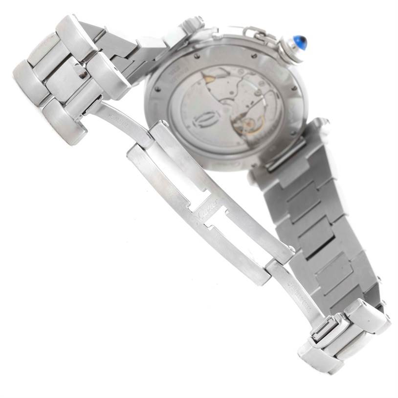 The image shows the open clasp and backside of a Cartier Pasha W3103155 Men
s Stainless Steel Silver Dial W3103155 Men
s Stainless Steel Silver Dial model watch, highlighting its metal bracelet and movement.