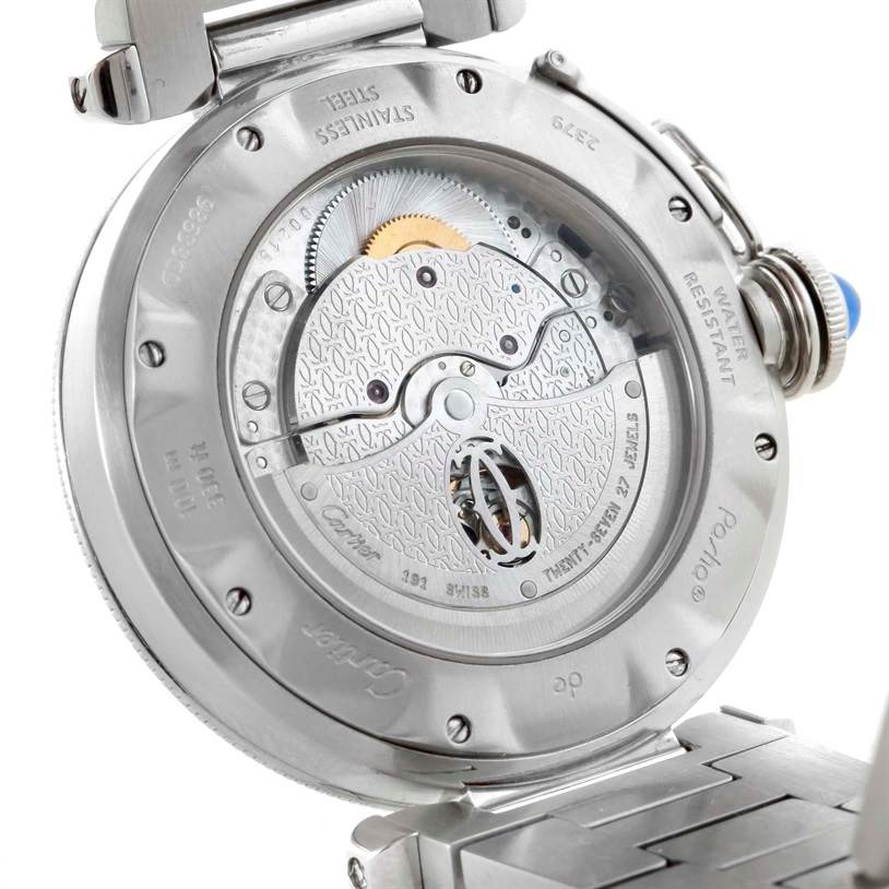 This image shows the back case and internal mechanism of a Cartier Pasha W3103155 Men
s Stainless Steel Silver Dial W3103155 Men
s Stainless Steel Silver Dial watch, highlighting its intricate details.