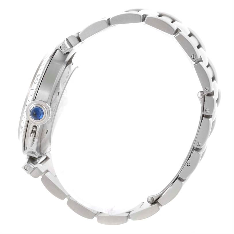 The image shows a side view of the Cartier Pasha W3103155 Men
s Stainless Steel Silver Dial W3103155 Men
s Stainless Steel Silver Dial watch, highlighting the crown and bracelet.