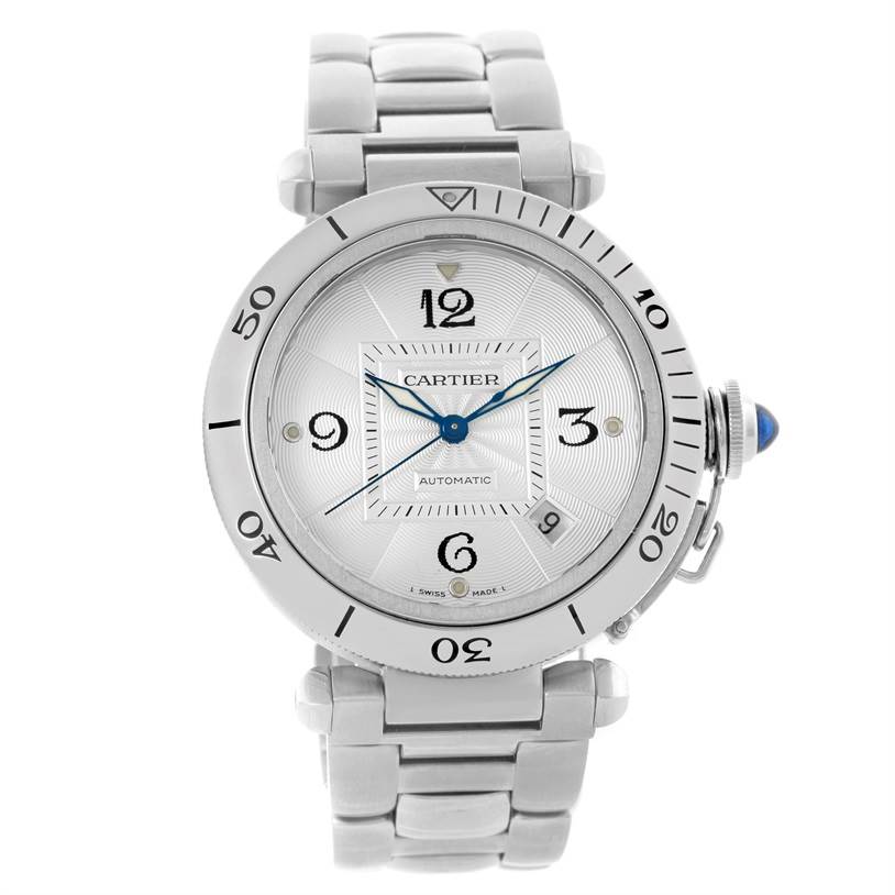 This image shows a front view of the Cartier Pasha W3103155 Men
s Stainless Steel Silver Dial W3103155 Men
s Stainless Steel Silver Dial model watch, highlighting the dial, bezel, and metal bracelet.