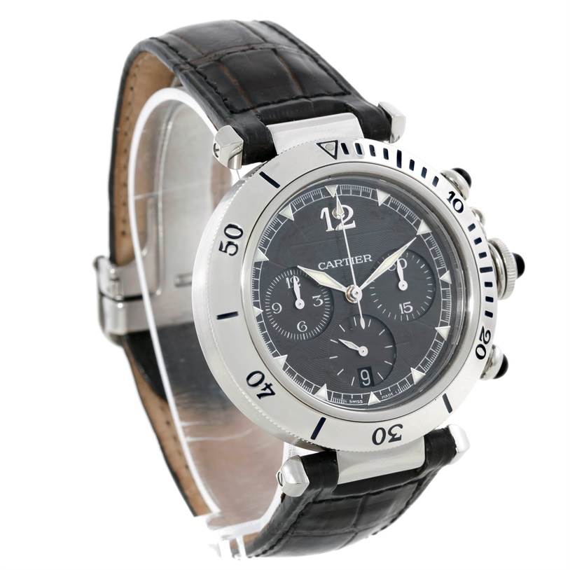 The image shows a side and front view of a Cartier Pasha W3105155 Men's Stainless Steel Grey Dial W3105155 Men's Stainless Steel Grey Dial watch with a black leather strap and a silver bezel.