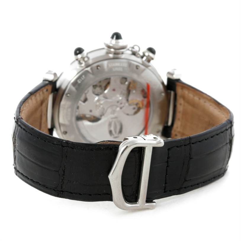 The image shows the back and side of a Cartier Pasha W3105155 Men's Stainless Steel Grey Dial W3105155 Men's Stainless Steel Grey Dial watch, featuring a leather strap and metal buckle.