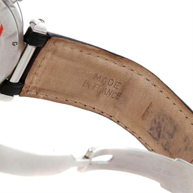 This image shows the back of the strap and part of the case of a Cartier Pasha W3105155 Men's Stainless Steel Grey Dial W3105155 Men's Stainless Steel Grey Dial watch from an angled view.
