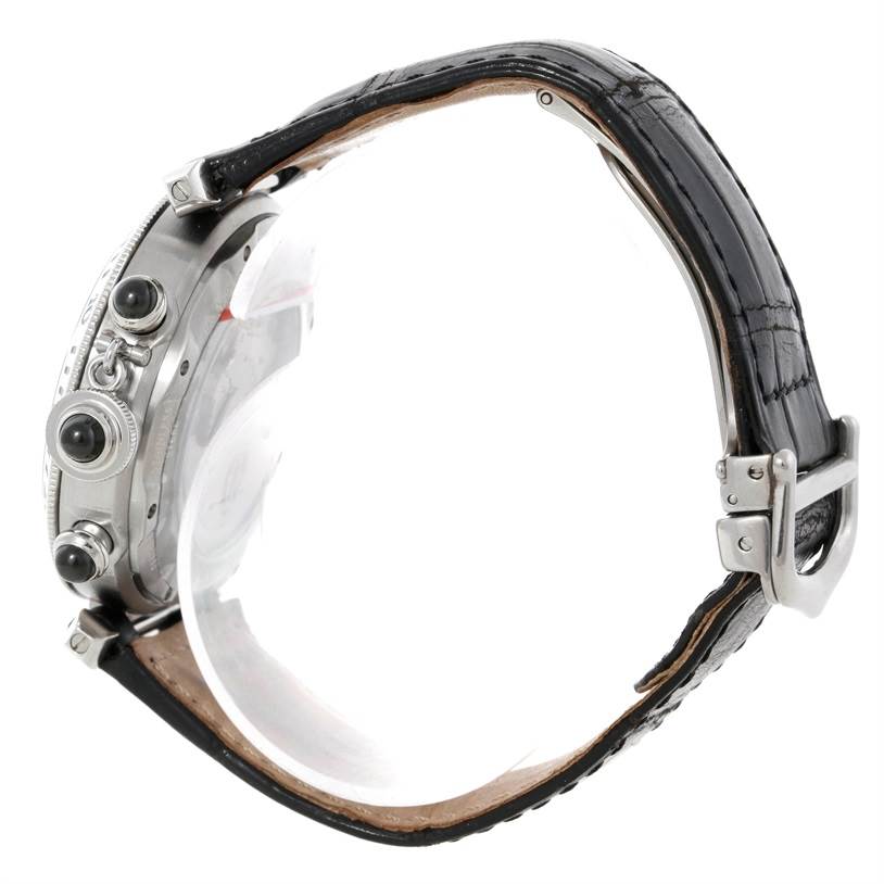 This Cartier Pasha W3105155 Men's Stainless Steel Grey Dial W3105155 Men's Stainless Steel Grey Dial watch is shown from a side angle, displaying its case, crown, pushers, and part of the black leather strap.