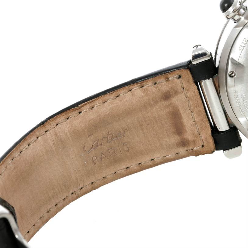 The image shows the underside of the strap and case back of a Cartier Pasha W3105155 Men's Stainless Steel Grey Dial W3105155 Men's Stainless Steel Grey Dial watch.