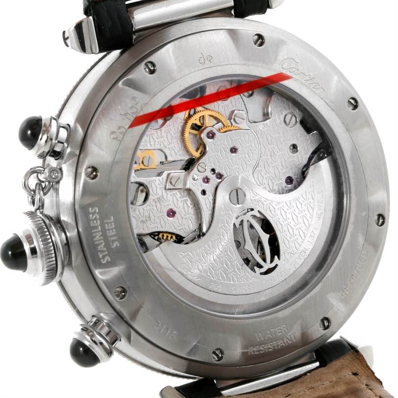The image shows a close-up of the back of the Cartier Pasha W3105155 Men's Stainless Steel Grey Dial W3105155 Men's Stainless Steel Grey Dial watch, highlighting its internal mechanism and stainless steel case.