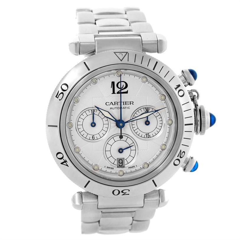 The image shows a Cartier Pasha W31030H3 Men
s Stainless Steel Silver Dial W31030H3 Men
s Stainless Steel Silver Dial watch from a straight-on angle, displaying its face, bezel, crown, and part of the bracelet.