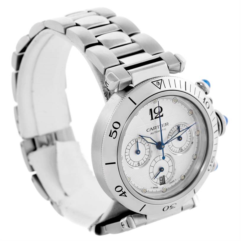 This is a Cartier Pasha W31030H3 Men
s Stainless Steel Silver Dial W31030H3 Men
s Stainless Steel Silver Dial watch shown at a side angle, highlighting its face, bracelet, and crown.