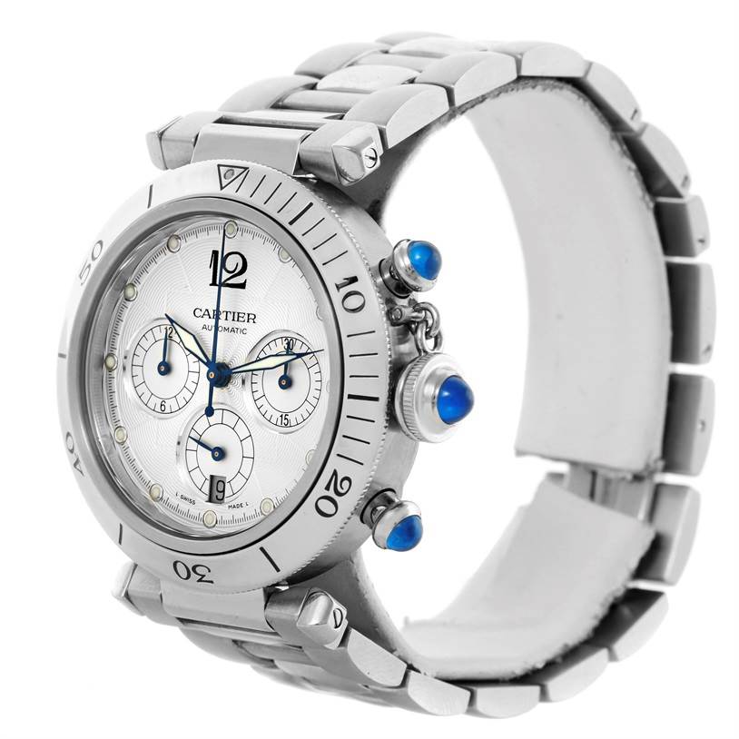 The Cartier Pasha W31030H3 Men
s Stainless Steel Silver Dial W31030H3 Men
s Stainless Steel Silver Dial watch is shown from a slight side angle, clearly displaying the face, bezel, and bracelet.