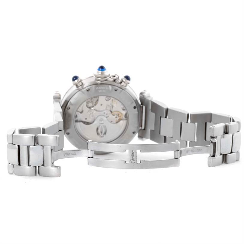 This image shows the back view and bracelet clasp of a Cartier Pasha W31030H3 Men
s Stainless Steel Silver Dial W31030H3 Men
s Stainless Steel Silver Dial watch, focusing on the open stainless steel bracelet and visible movement.