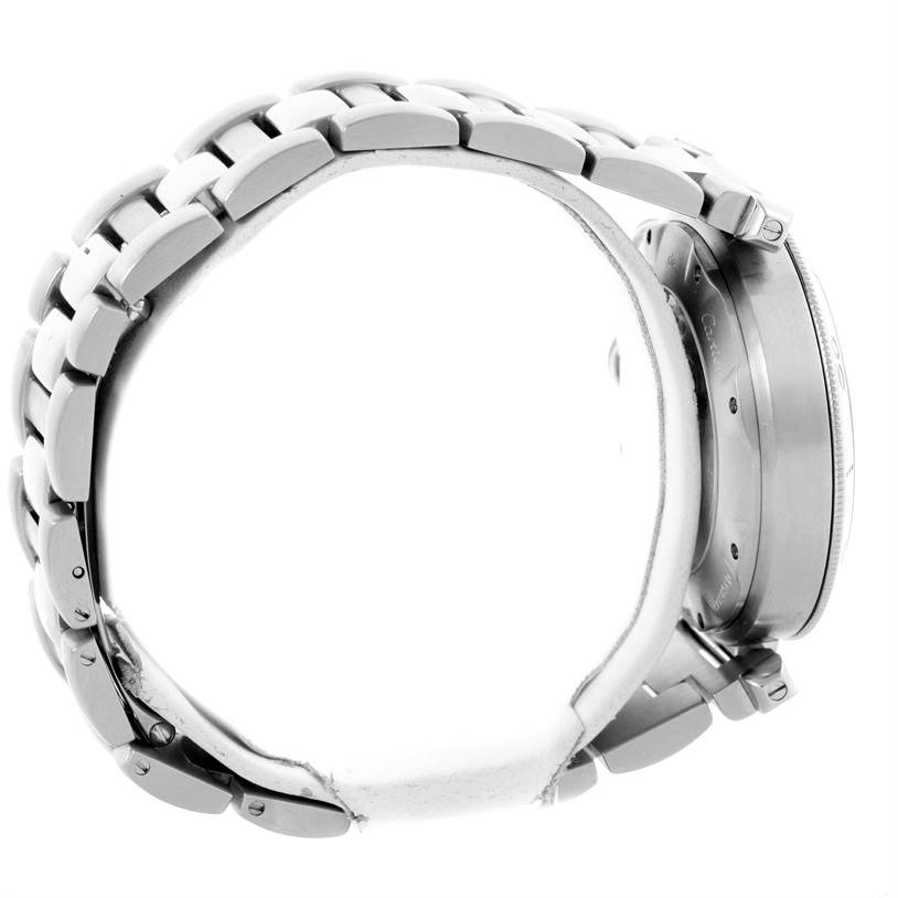 The image shows a side view of the Cartier Pasha W31030H3 Men
s Stainless Steel Silver Dial W31030H3 Men
s Stainless Steel Silver Dial model watch, highlighting the bracelet and case side.