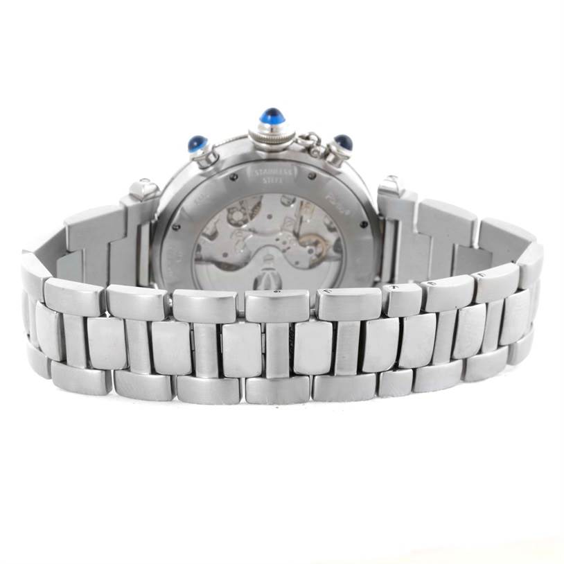 This image shows the back view of the Cartier Pasha W31030H3 Men
s Stainless Steel Silver Dial W31030H3 Men
s Stainless Steel Silver Dial watch, focusing on the bracelet and caseback with visible mechanisms.