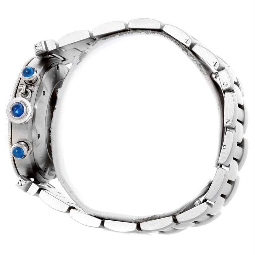 The image shows a side view of the Cartier Pasha W31030H3 Men
s Stainless Steel Silver Dial W31030H3 Men
s Stainless Steel Silver Dial watch, highlighting its case, crown, and bracelet.